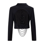 Black Backless Beaded Cropped Blazer & High Waist Pants Set