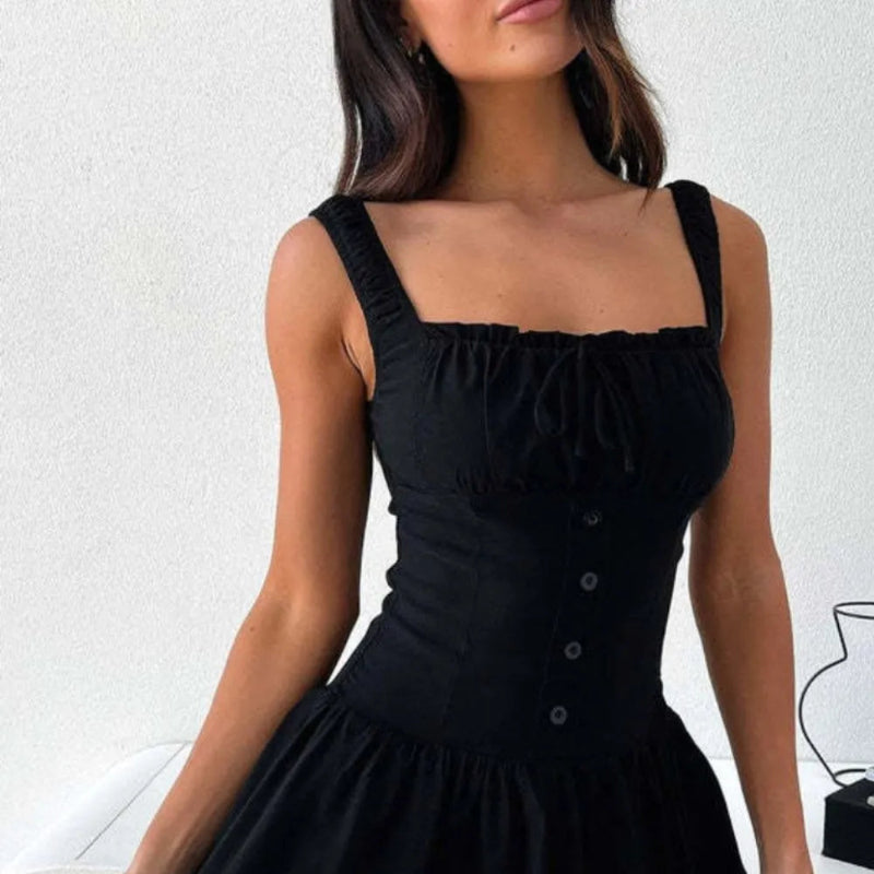 Decorative Button Square Neck Cami Dress - runwayfashionista.com