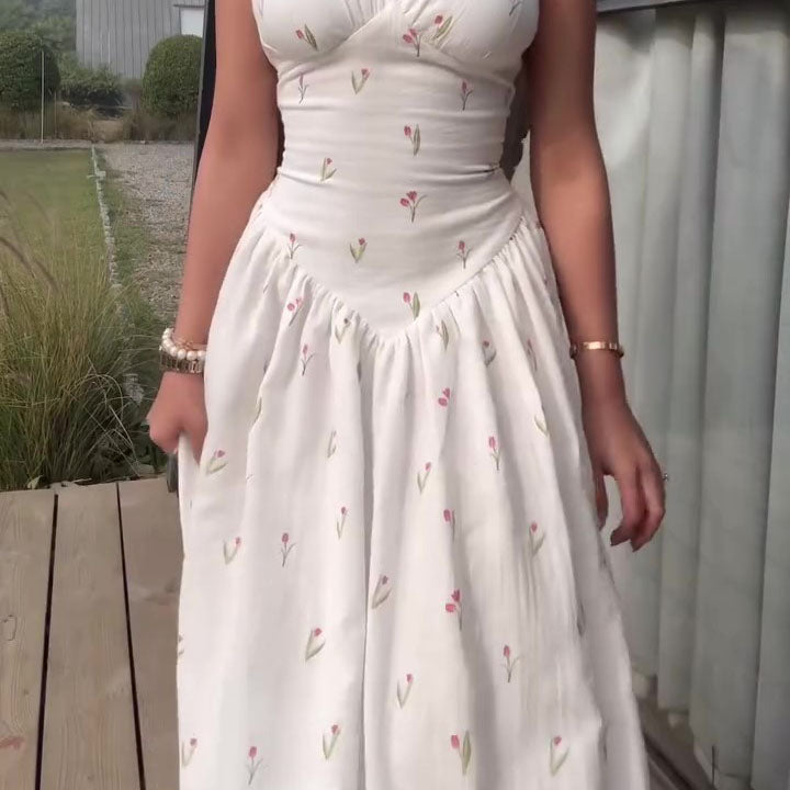 White Floral Print Turtleneck Sleeveless Waist-Cinched Maxi Dress