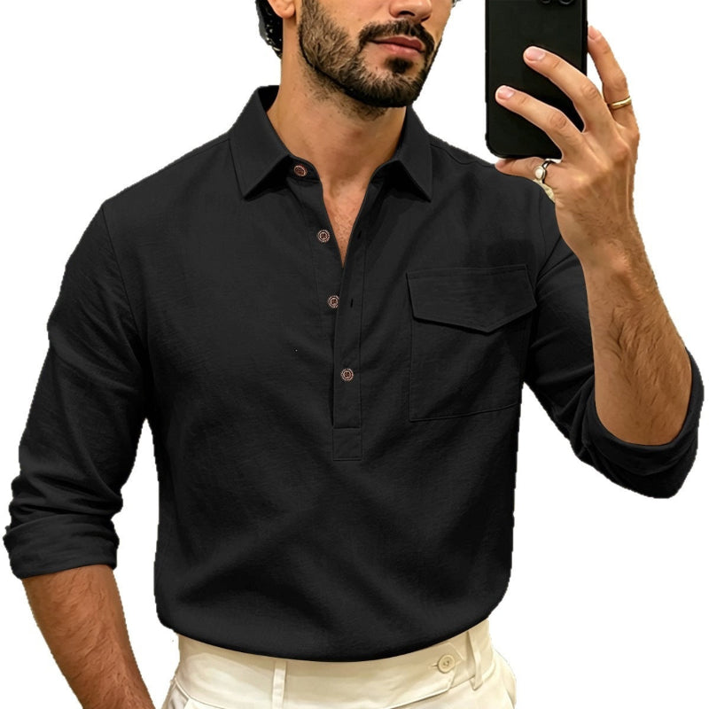 Men's Linen Blend Half-Button Shirt - black