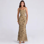 Elegant Low Neck Sleeveless Backless Tie-Up Maxi Dress - Bronze