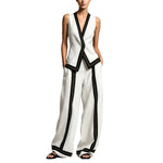 Contrast Trim Vest & Wide Leg Pants Set - white