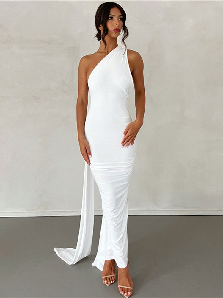 Oblique Shoulder Pleated Maxi Dress - runwayfashionista.com