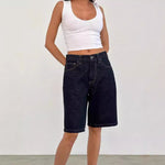 A pair of dark blue, mid-length, vintage-style denim shorts with a distressed finish. The shorts are laid flat, showcasing the straight-leg cut and medium-rise waist.
