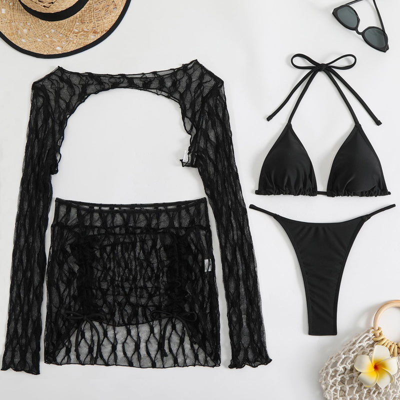 Solid Color Special Mesh Three - Piece Beachwear Set
