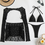Solid Color Special Mesh Three - Piece Beachwear Set
