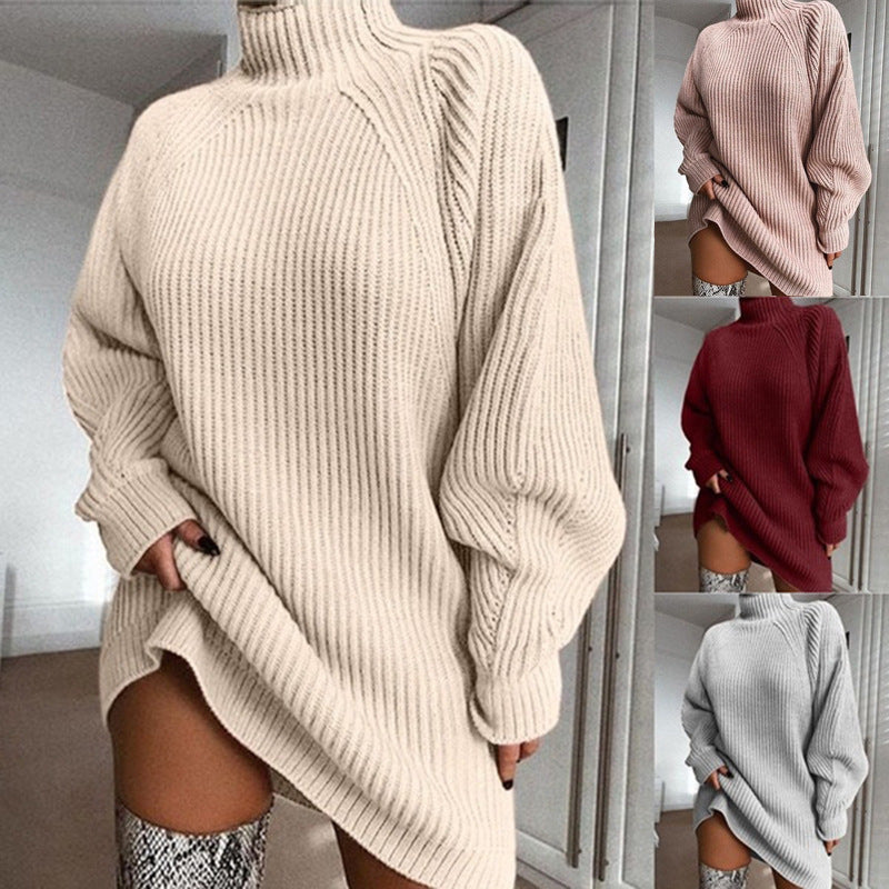 Ribbed Turtleneck Sweater Dress - cream