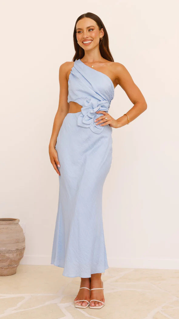 A fitted strapless midi dress in a solid color (red, yellow, or blue), designed for office wear, with a high waist.