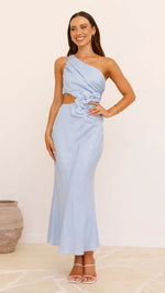 A fitted strapless midi dress in a solid color (red, yellow, or blue), designed for office wear, with a high waist.