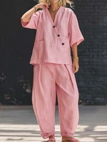 Loose-fit V-neck Top And High-waist Trousers - pink