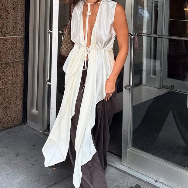 Cream Satin Tie Detail Sleeveless Draped Tunic Top