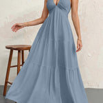 Backless Halterneck V-Neck Pleated A- Line Midi Dress - long blue