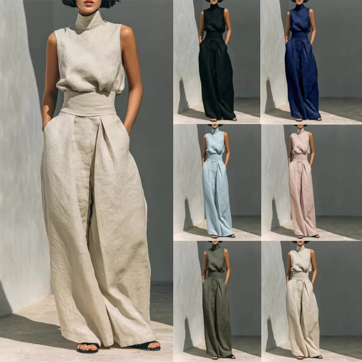 Stand-up Collar Pullover Top And Loose Straight-leg Trousers