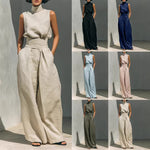 Stand-up Collar Pullover Top And Loose Straight-leg Trousers