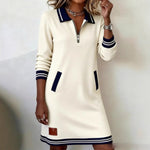 Lapel Zipper Pockets Long Sleeve Dresses - white