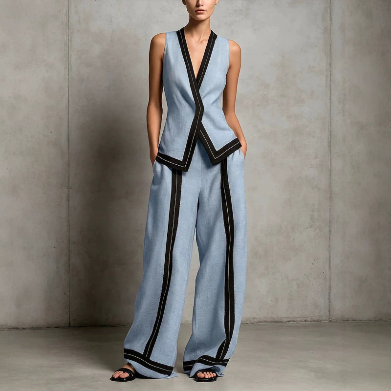 Contrast Trim Vest & Wide Leg Pants Set - blue
