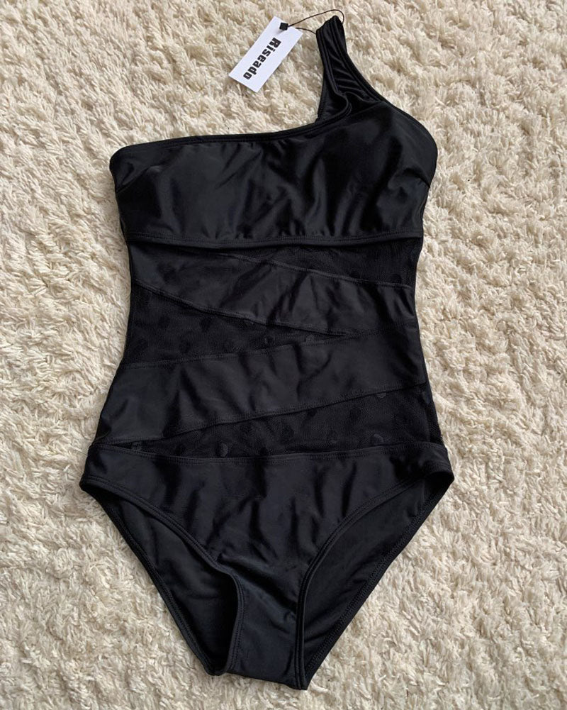 Black One-Shoulder Diagonal Sheer Polka-Dot Mesh Panel Fitted One-Piece Swimsuit
