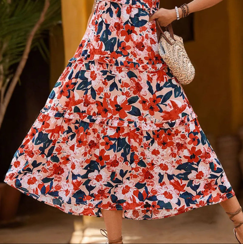Frill Backless Printed Sleeveless Midi Dress - rnwayfashionista.com