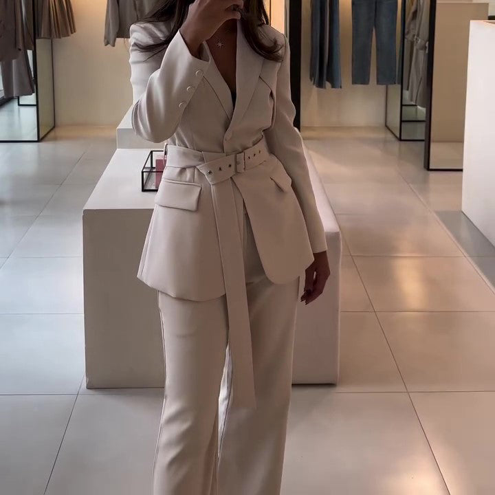 Elegant Solid Color Belted Blazer & High Waist Pants Set - beige