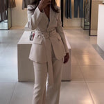 Elegant Solid Color Belted Blazer & High Waist Pants Set - beige
