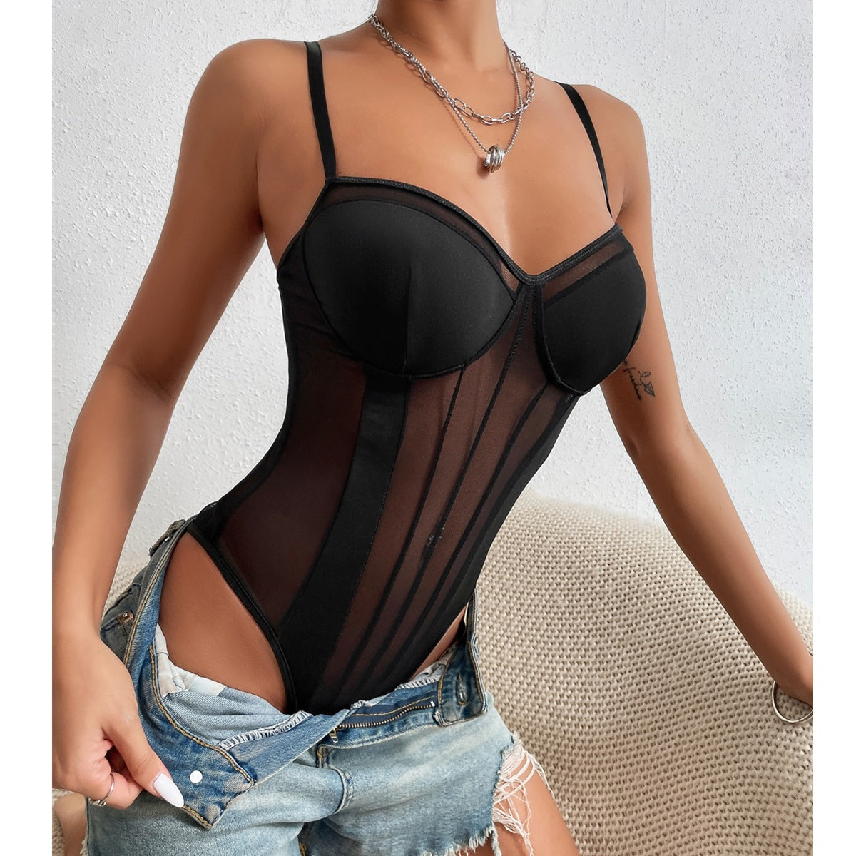 See-Through Backless Lace Fishbone Stitching Bodysuit - runwayfashionista.com