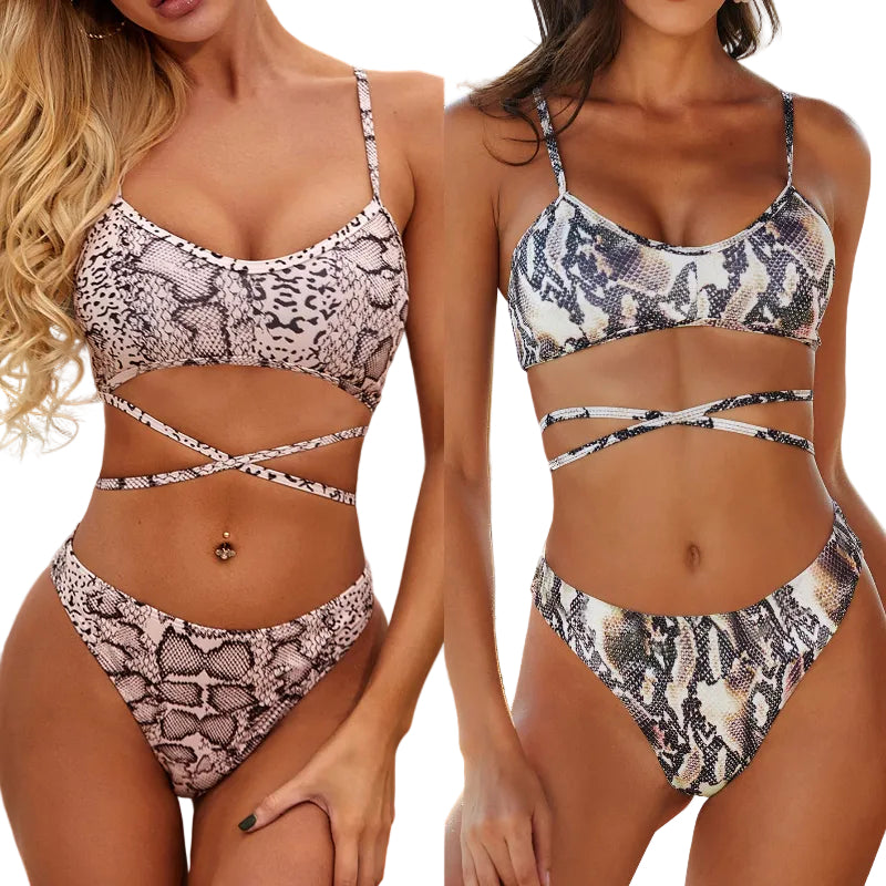 Snakeskin Print Criss-Cross Lace-Up Bikini Set - pink