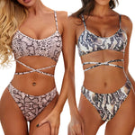 Snakeskin Print Criss-Cross Lace-Up Bikini Set - pink