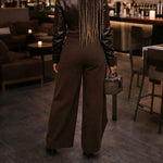 Retro High-waisted Cross-over Metal Buckle Irregular Wide-leg Pants - brown