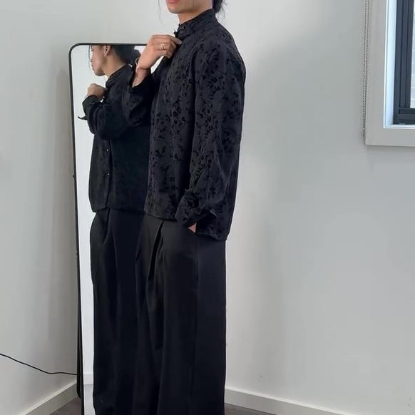 Black Jacquard Mandarin Collar Top With Asymmetric Button Placket