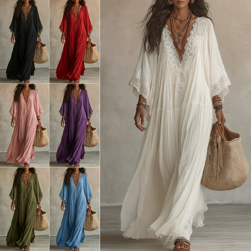 Lace-Trim V-Neck Flared-Sleeve Boho Maxi Dress