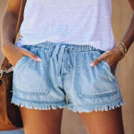 Elastic Waist Fringe Denim Shorts