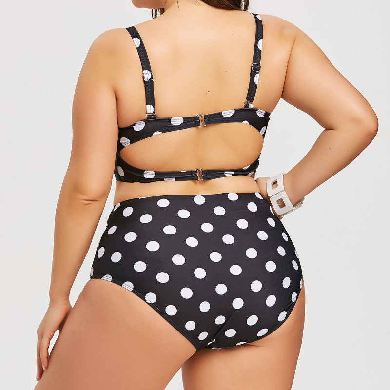 Black & White Polka Dot Retro Underwire Push-Up Bandeau Top & High-Waist Full-Coverage Bikini Set — Plus Size