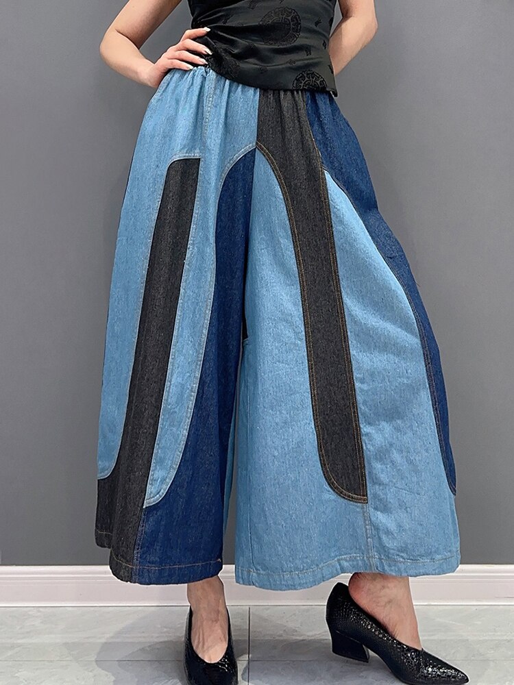 Casual Patchwork Elastic Waist Wide Leg Pants - runwayfashionista.com