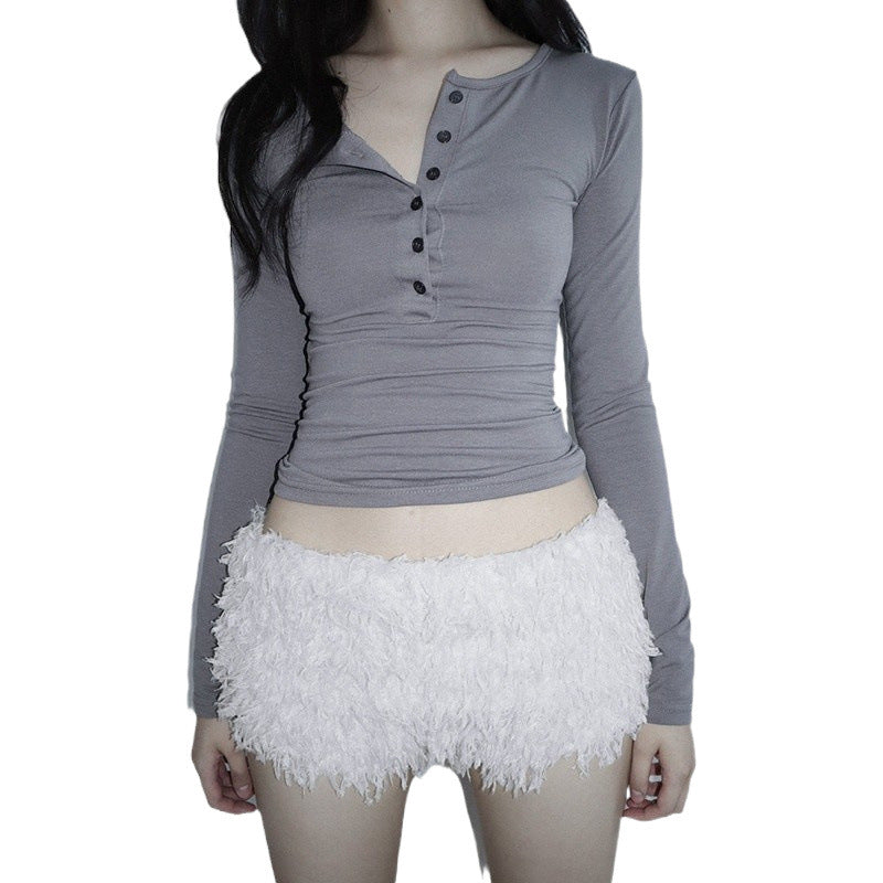 Comfy & Cute: White Low Waist Fuzzy Hot Pants for a Fresh, Sweet Style!