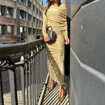 One-Shoulder Split Midi Dress with Off-Shoulder Design - gold