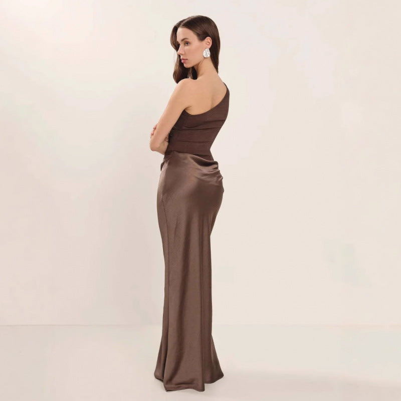 Slanted Shoulder Pleated Patchwork Satin Maxi Skirts