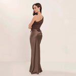 Slanted Shoulder Pleated Patchwork Satin Maxi Skirts