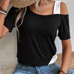 Contrast Asymmetrical Neck Short Sleeve T-Shirt - rnwayfashionista.com