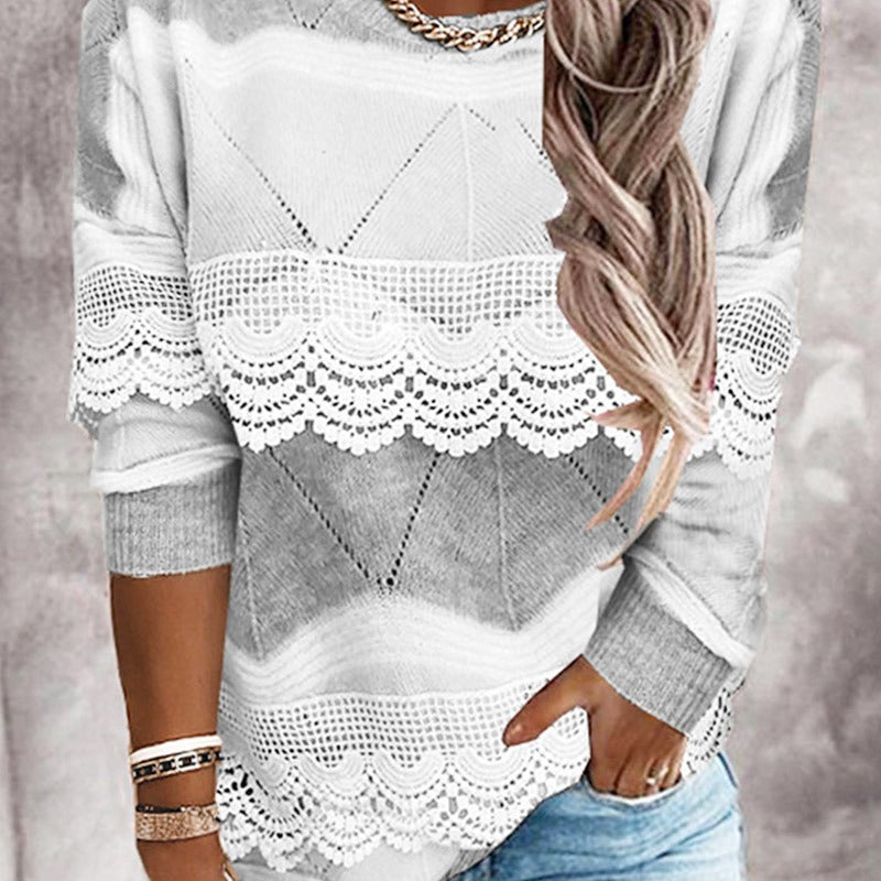 Lace pullover round neck knit sweater - runwayfashionista.com