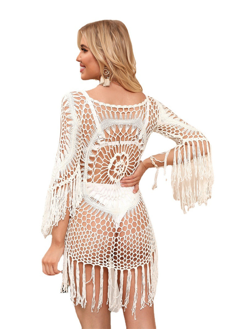 Crochet off shoulder long sleeved beach cover up - runwayfashionista.com