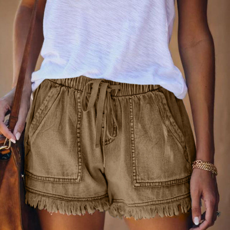 Elastic Waist Fringe Denim Shorts