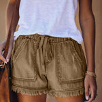 Elastic Waist Fringe Denim Shorts