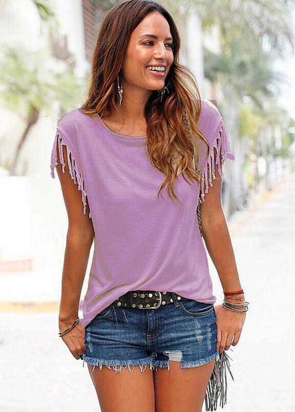 Round neck short sleeved tassel tie t-shirt top - runwayfashionista.com