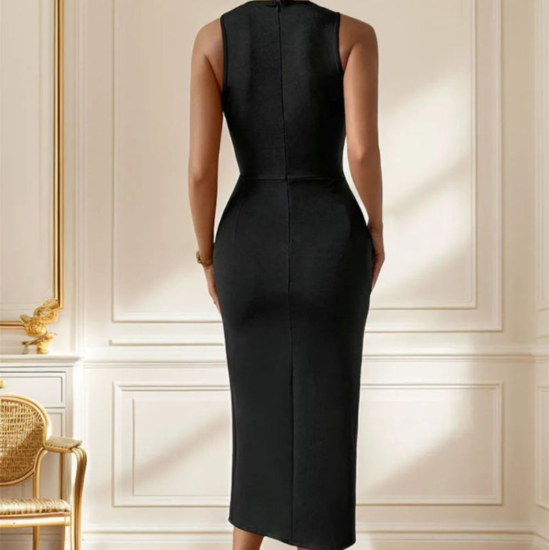 Slit Rose Round Neck Sleeveless Midi Dress - runwayfashionista.com