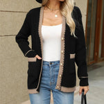Contrast Trim Button Up Long Sleeve Cardigan - runwayfashionista.com