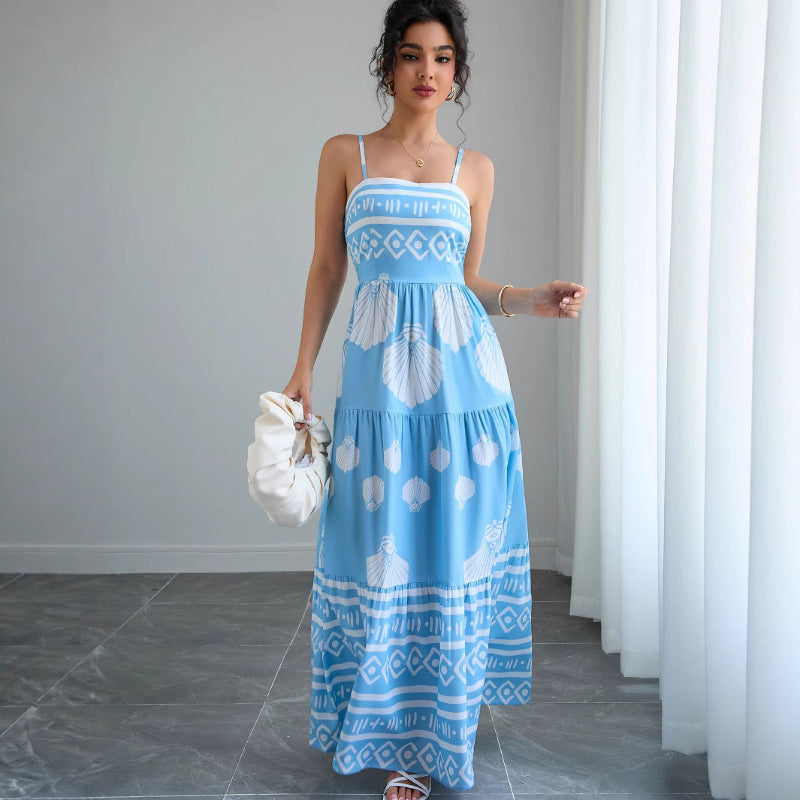 Ethnic Style Strapless Maxi Dress - light blue