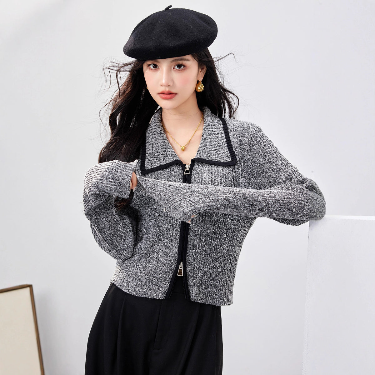 Black and Gray Contrast Double-Zipper Knit Cardigan