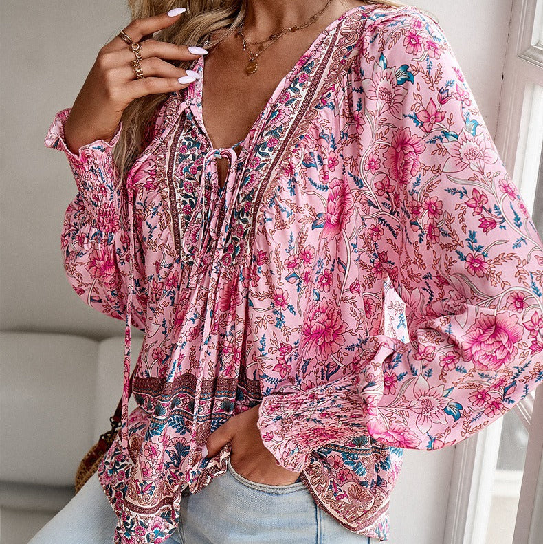 Floral Loose Full Sleeve Top - pink