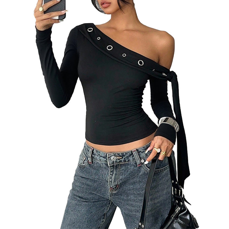 Slanted shoulder long sleeved top