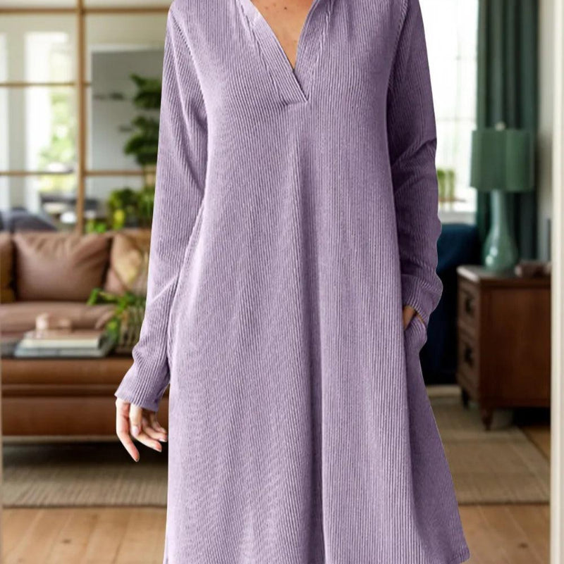 Notched long sleeve mini dress - runwayfashionista.com